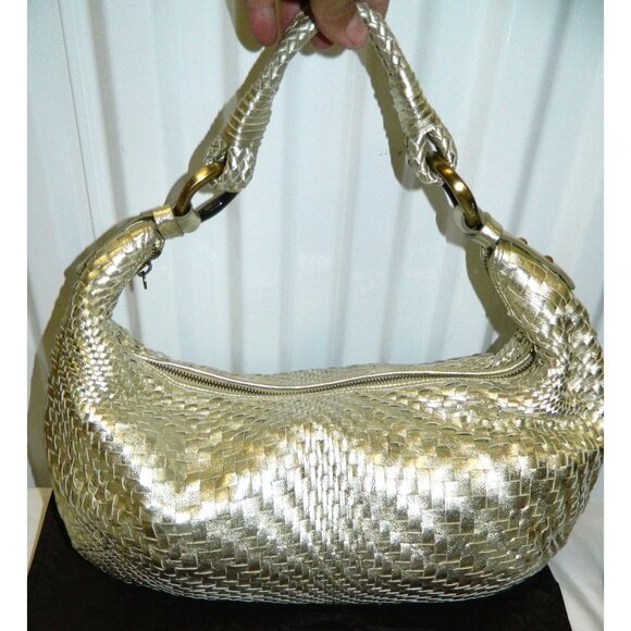 Cole Haan Genevieve Top Zip Hobo Metallic Gold Woven Leather Shoulder Bag - Picture 3 of 16